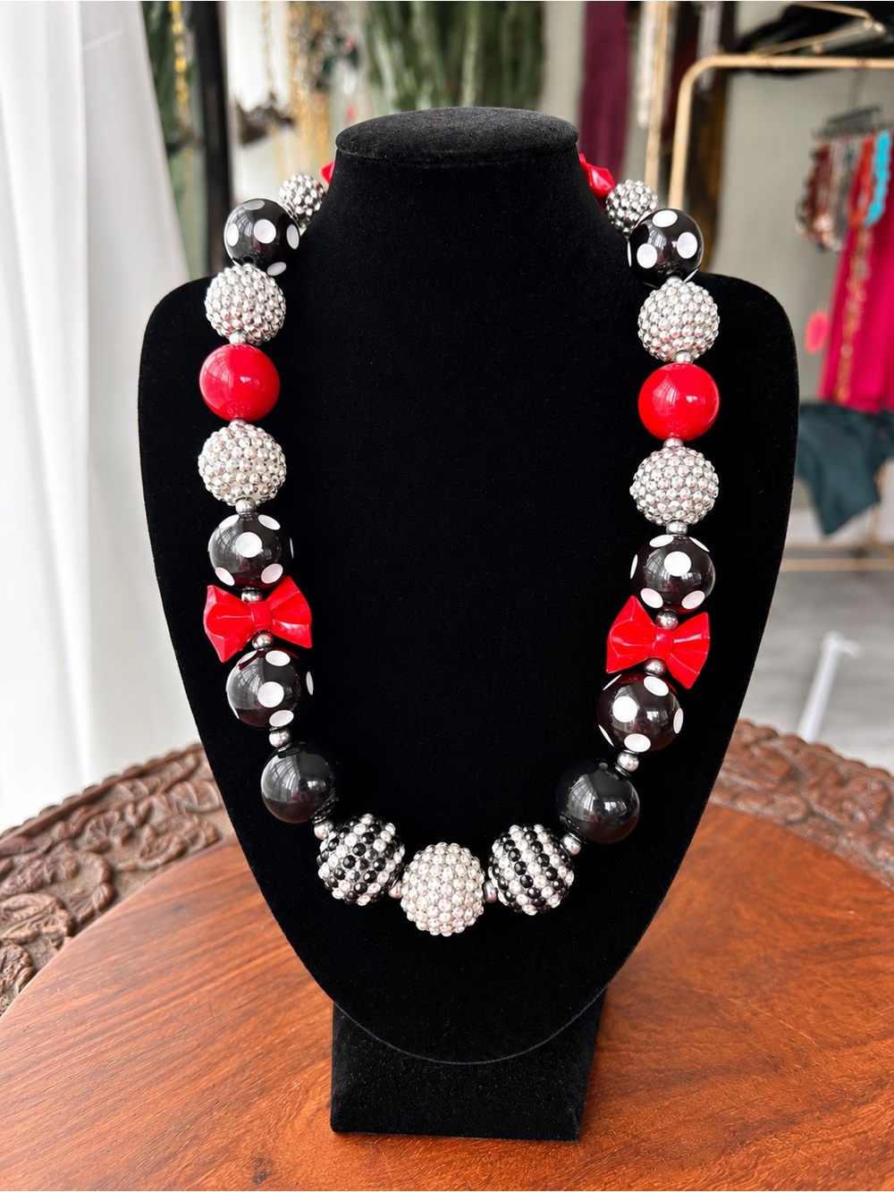 Vintage Chunky Statement Necklace Red Black Rhinestone Polka Dot Bow Beads